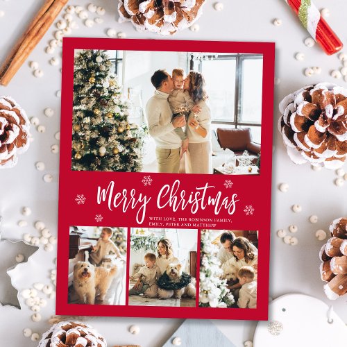 Minimalist Red and White 4 Photo Collage Christmas Postcard
