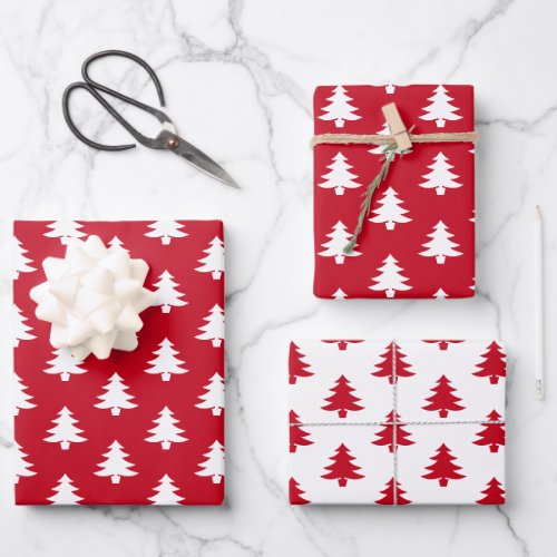 Minimalist Red And White Christmas Trees Wrapping Paper Sheets