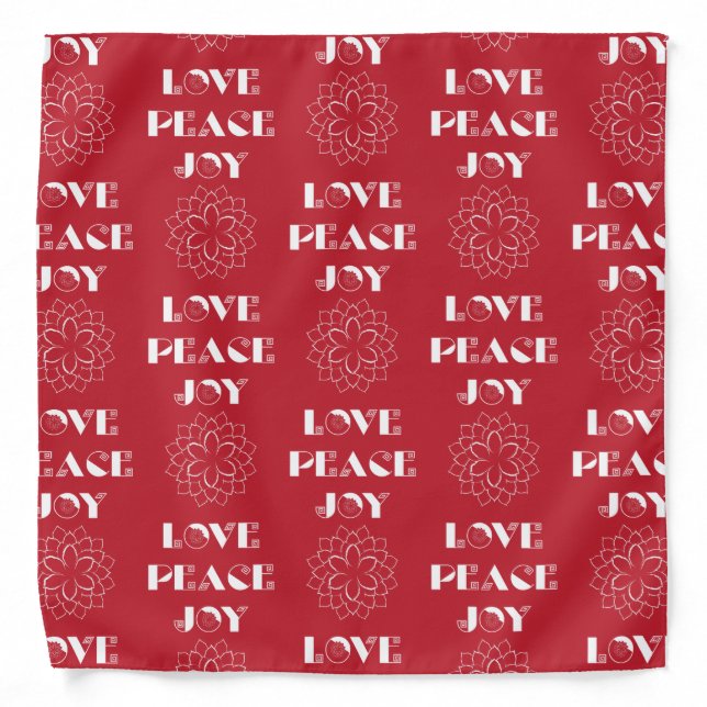 Minimalist Red and White Love, Peace, Joy Bandana (Front)