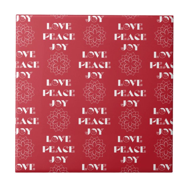 Minimalist Red and White Love, Peace, Joy Ceramic Tile (Front)