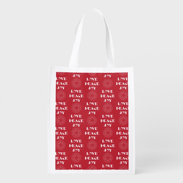 Minimalist Red and White Love, Peace, Joy Grocery Bag (Back)