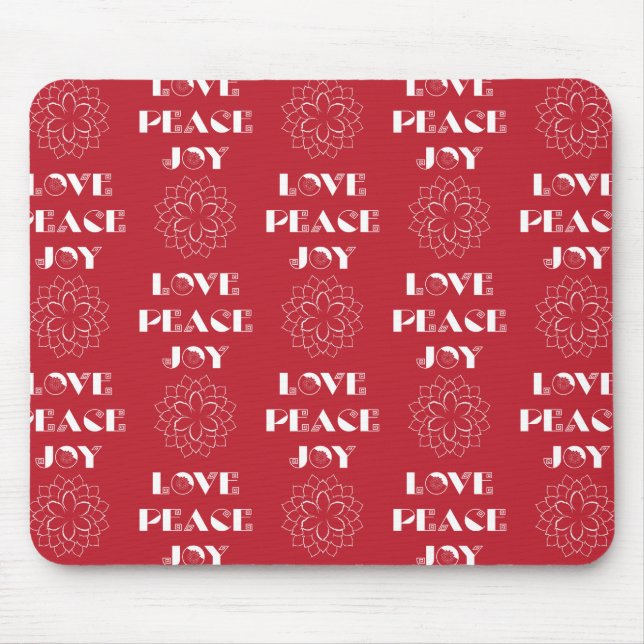 Minimalist Red and White Love, Peace, Joy Mouse Pad (Front)