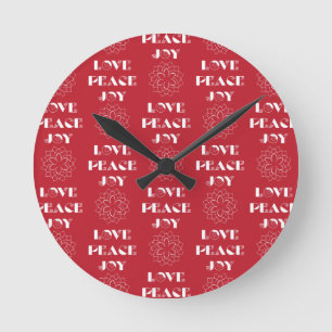 Minimalist Red and White Love, Peace, Joy Round Clock