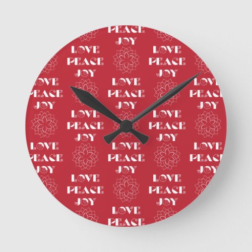 Minimalist Red and White Love Peace Joy Round Clock