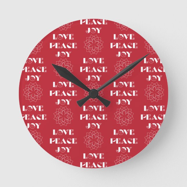 Minimalist Red and White Love, Peace, Joy Round Clock (Front)