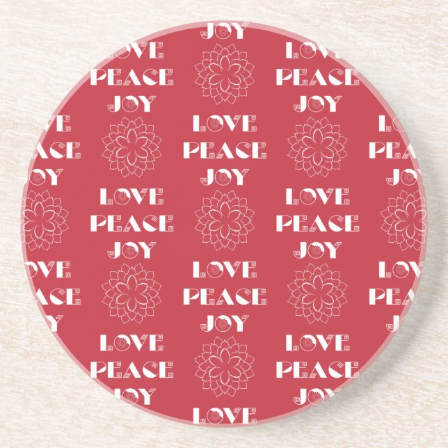 Minimalist Red and White Love, Peace, Joy Sandstone Coaster (Front)