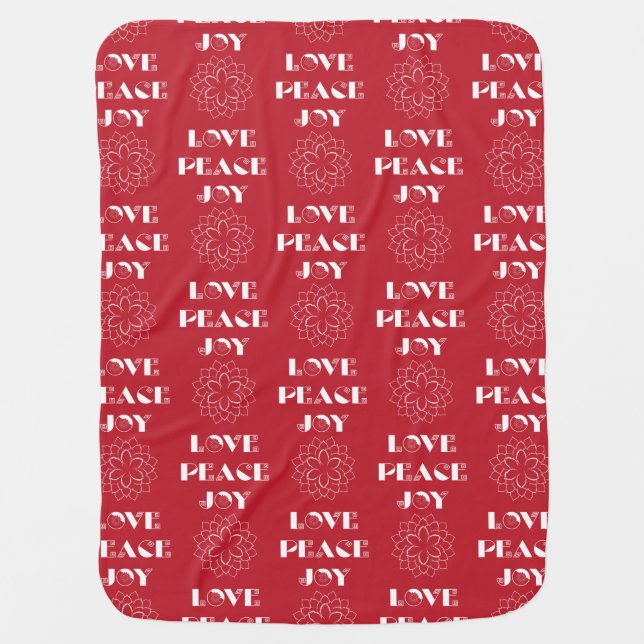 Minimalist Red and White Love, Peace, Joy Stroller Blanket (Front)
