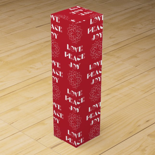 Minimalist Red and White Love, Peace, Joy Wine Gift Box (Front)