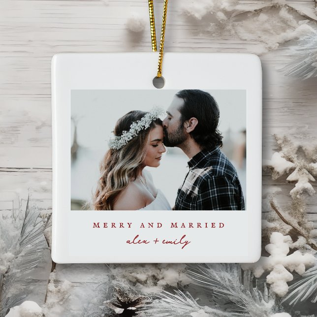Minimalist Red and White - Merry and Married Photo Ceramic Ornament (Minimalist Red and White - Merry and Married Photo Ceramic Ornament - front - photo with names)