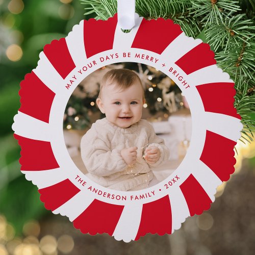 Minimalist Red and White Peppermint Swirl Photo Ornament Card