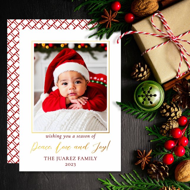 Minimalist Red and White Photo Peace Love and Joy Foil Holiday Card (Wish your friends and family "Peace, Love and Joy" with this photo minimalist red gold white design.)