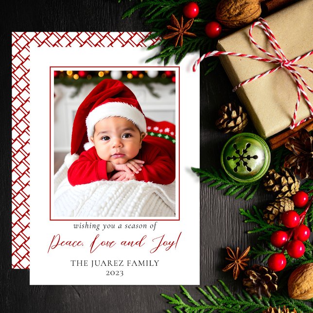 Minimalist Red and White Photo Peace Love and Joy Holiday Card (Wish you friends and family "Peace, Love and Joy" with this photo minimalist red and white design.)