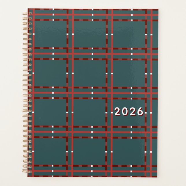 Minimalist Red And White Plaid On Dark Green Planner (Front)