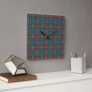 Minimalist Red And White Plaid On Dark Green Square Wall Clock