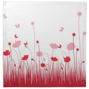 Minimalist Red and White Poppies Meadow Floral Cloth Napkin