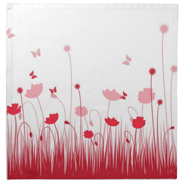 Minimalist Red and White Poppies Meadow Floral Cloth Napkin (Front)