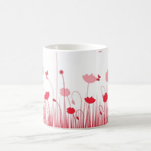 Minimalist Red and White Poppies Meadow Floral Coffee Mug