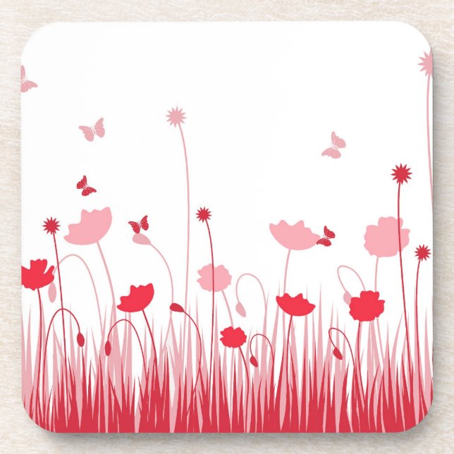 Minimalist Red and White Poppies Meadow Floral Drink Coaster (Front)