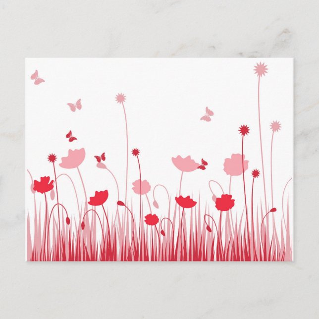 Minimalist Red and White Poppies Meadow Floral Postcard (Front)