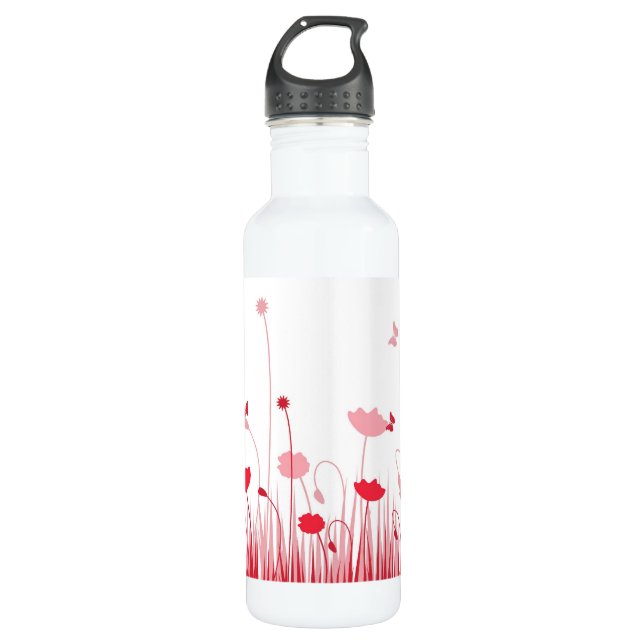 Minimalist Red and White Poppies Meadow Floral Stainless Steel Water Bottle (Front)