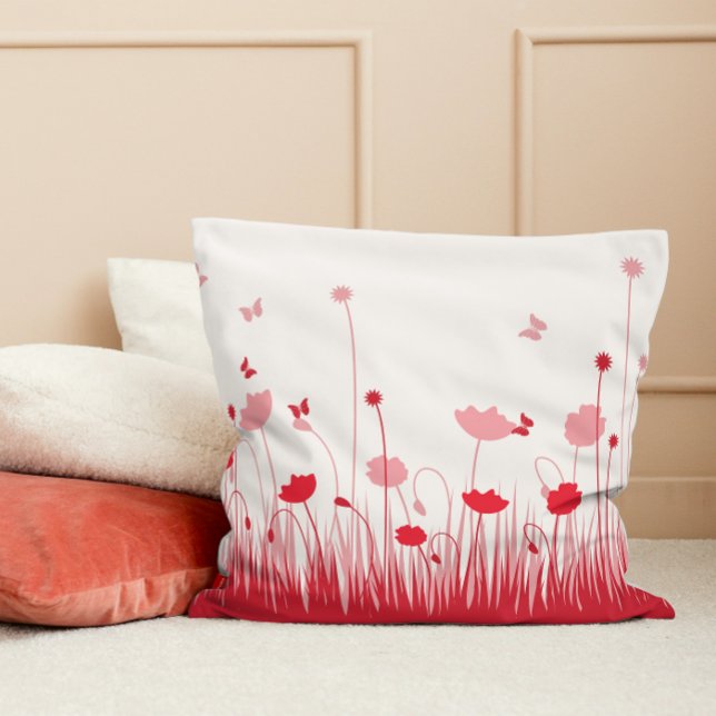 Minimalist Red and White Poppies Meadow Floral Throw Pillow (Creator Uploaded)