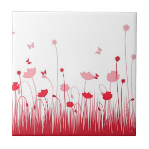 Minimalist Red and White Poppies Meadow Floral Tile