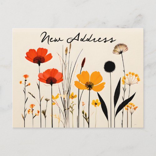 Minimalist Red and Yellow Wildflowers New Address Postcard