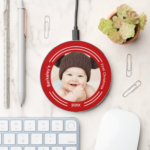 Minimalist Red Baby Photo First Christmas Wireless Charger