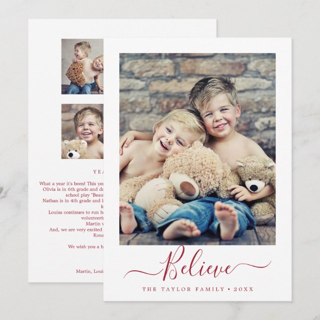 Minimalist Red Believe Year In Review Portrait Holiday Card (Front/Back)