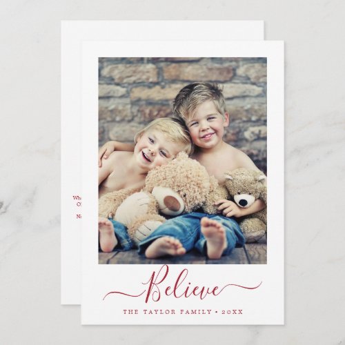 Minimalist Red Believe Year In Review Portrait Holiday Card