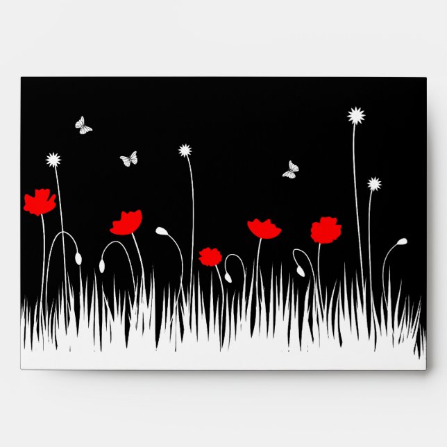 Minimalist Red Black and White Poppies Meadow Bold Envelope (Front)