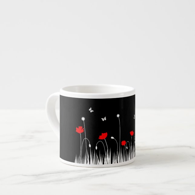 Minimalist Red Black and White Poppies Meadow Bold Espresso Cup (Front Left)