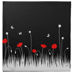 Minimalist Red Black and White Poppies Meadow Bold Napkin