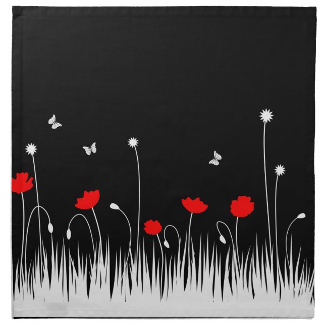 Minimalist Red Black and White Poppies Meadow Bold Napkin (Front)