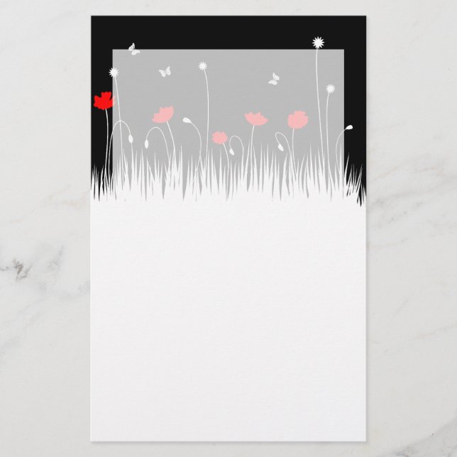 Minimalist Red Black and White Poppies Meadow Bold Stationery (Front)