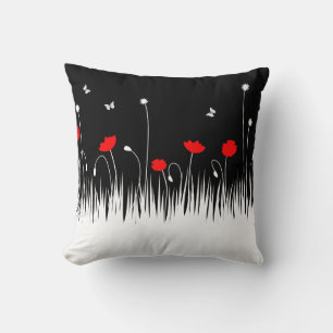Minimalist Red Black and White Poppies Meadow Bold Throw Pillow