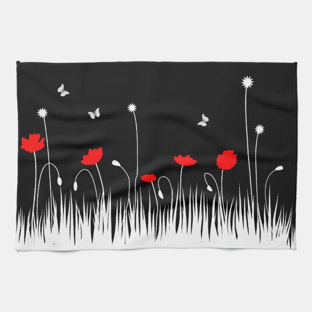 Minimalist Red Black and White Poppies Meadow Bold Towel (Horizontal)