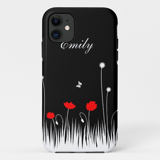 Minimalist Red Black and White Poppies Meadow Name Case-Mate iPhone Case (Back)