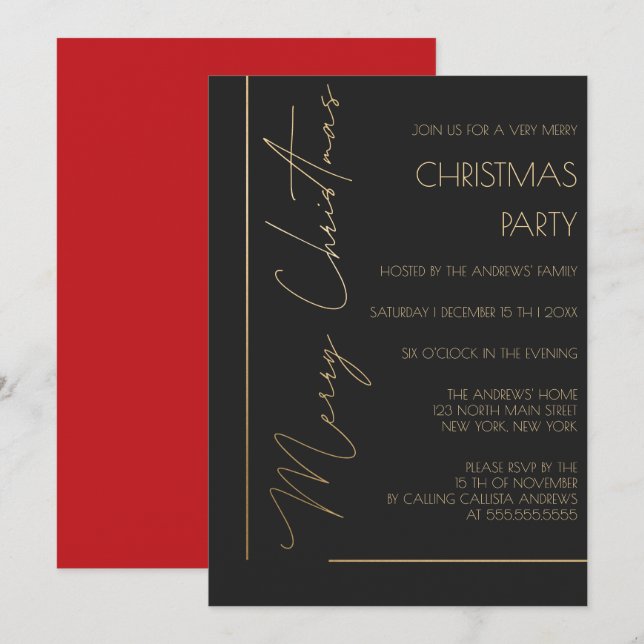 Minimalist Red Black Gold Typography Christmas Invitation (Front/Back)