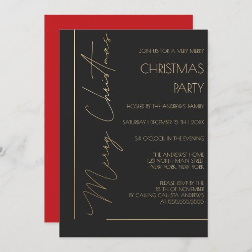 Minimalist Red Black Gold Typography Christmas Invitation