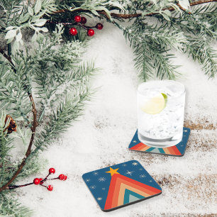 Minimalist Red & Blue Retro Groovy Christmas Tree Beverage Coaster