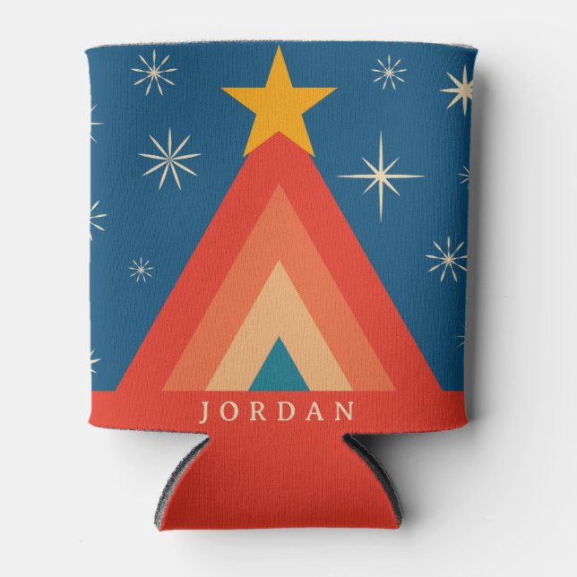 Minimalist Red & Blue Retro Groovy Christmas Tree Can Cooler (Front)