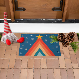 Minimalist Red & Blue Retro Groovy Christmas Tree Doormat