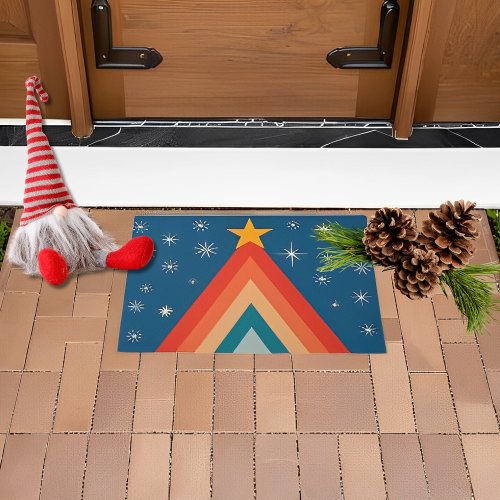 Minimalist Red  Blue Retro Groovy Christmas Tree  Doormat