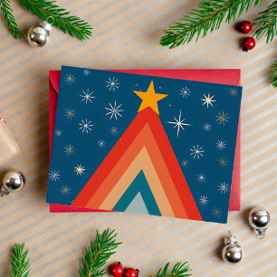 Minimalist Red & Blue Retro Groovy Christmas Tree Foil Holiday Postcard