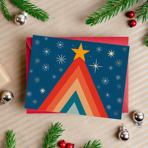 Minimalist Red  Blue Retro Groovy Christmas Tree Foil Holiday Postcard