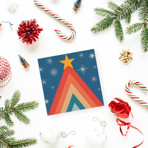 Minimalist Red  Blue Retro Groovy Christmas Tree  Holiday Card