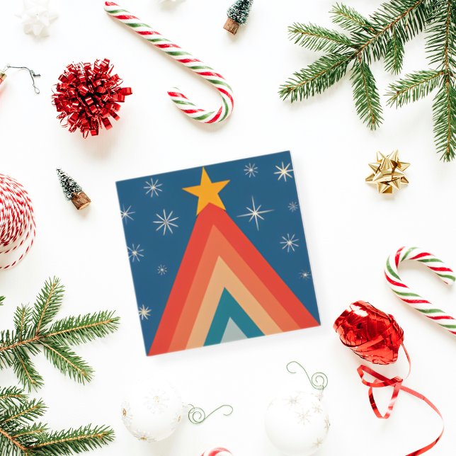 Minimalist Red & Blue Retro Groovy Christmas Tree  Holiday Card (Creator Uploaded)