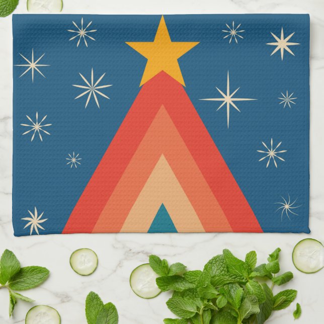 Minimalist Red & Blue Retro Groovy Christmas Tree  Kitchen Towel (Folded)