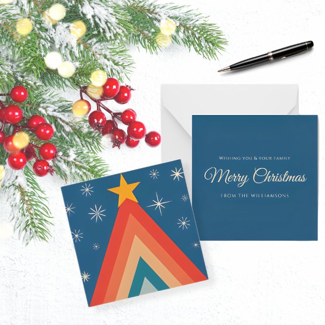 Minimalist Red & Blue Retro Groovy Christmas Tree Note Card (Creator Uploaded)